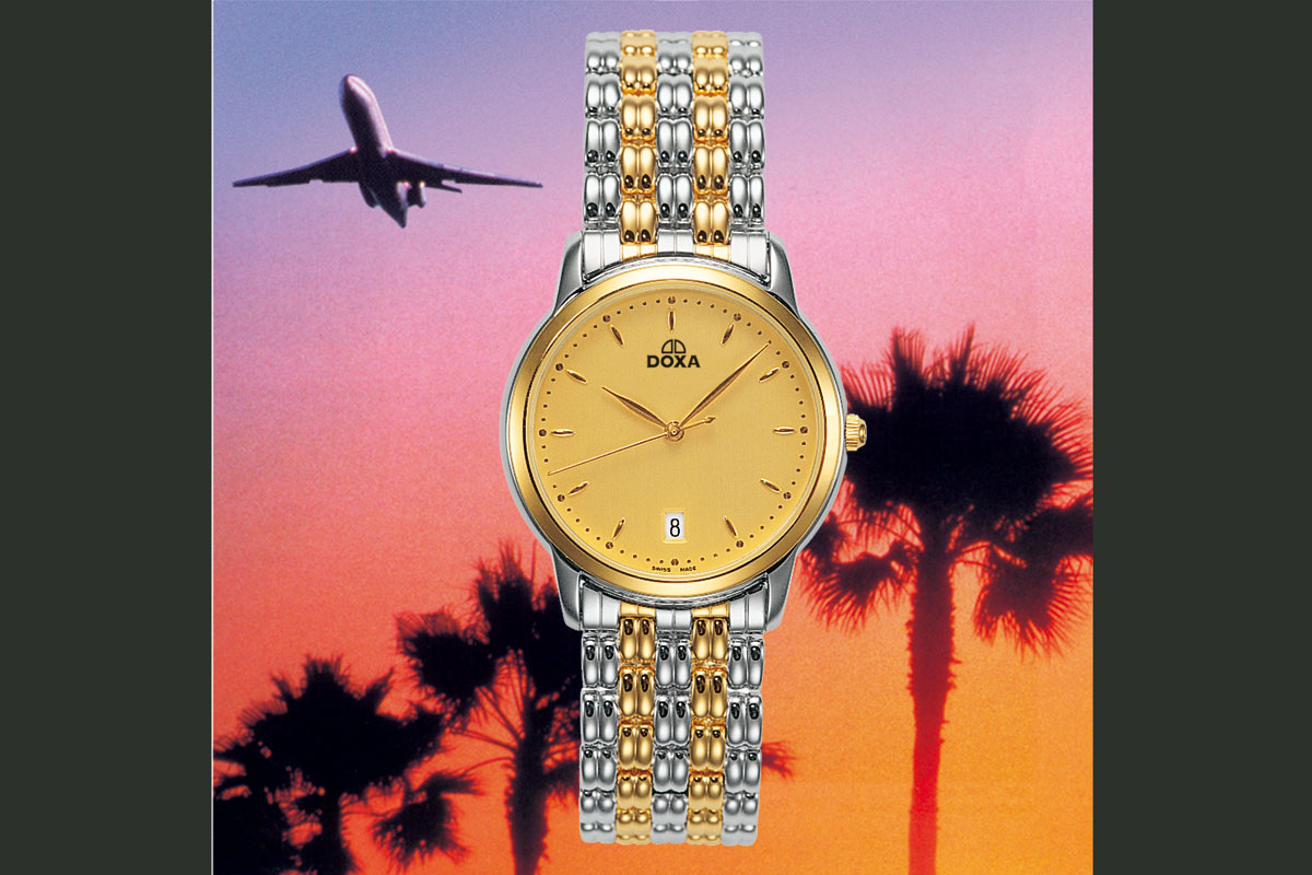 Grafické zpracování a návrh tablíček a stojánků na hodinky DOXA, v pozadí letadlo a palmy